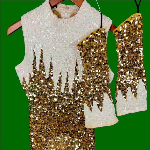Majorette Costume w/ Pull on sleeves ~ Gold & White Sequins ~ Vintage - Picture 8 of 8